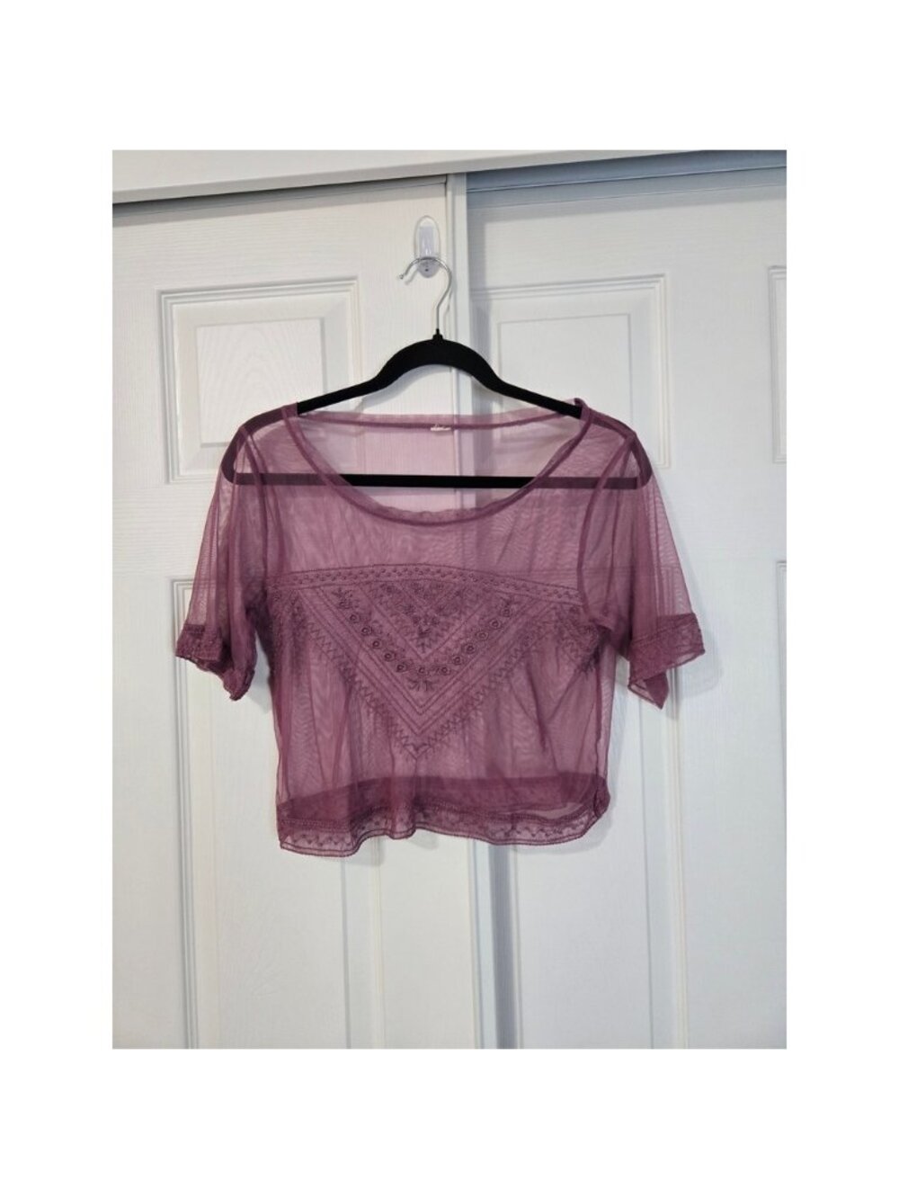 Mauve Purple Sheer Mesh Embroidered Crop Top Short Sleeve Boho Scoop Neck